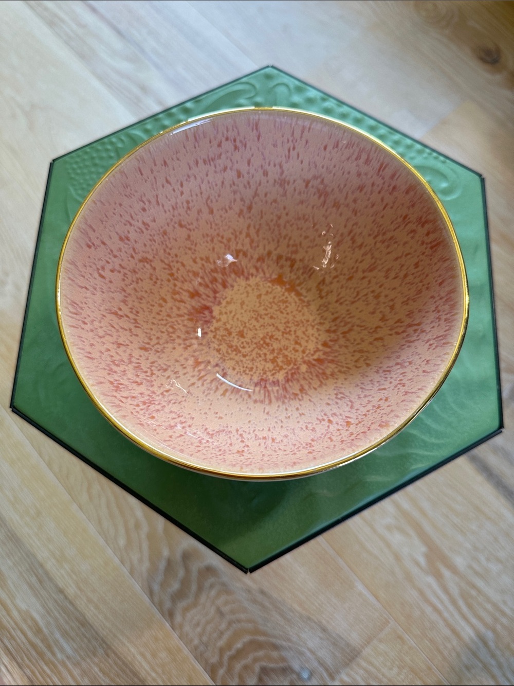 Anthropologie Perasima Deep Ceramic Bowl Gold Rim Coral Pink & White Glazes.